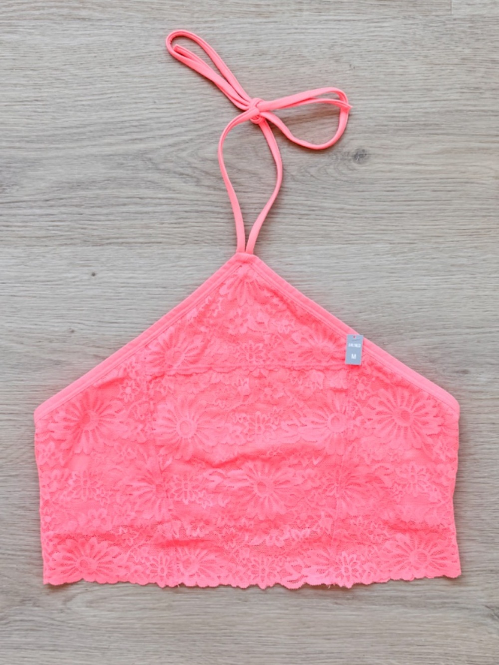 PINK Victoria's Secret Neon Lace Halter Bralette Crop Top M Unlined NWOT